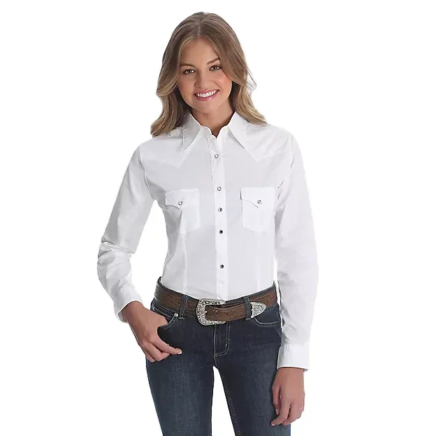 Wrangler Women's White Long Sleeve Solid Shirt, Size: XS