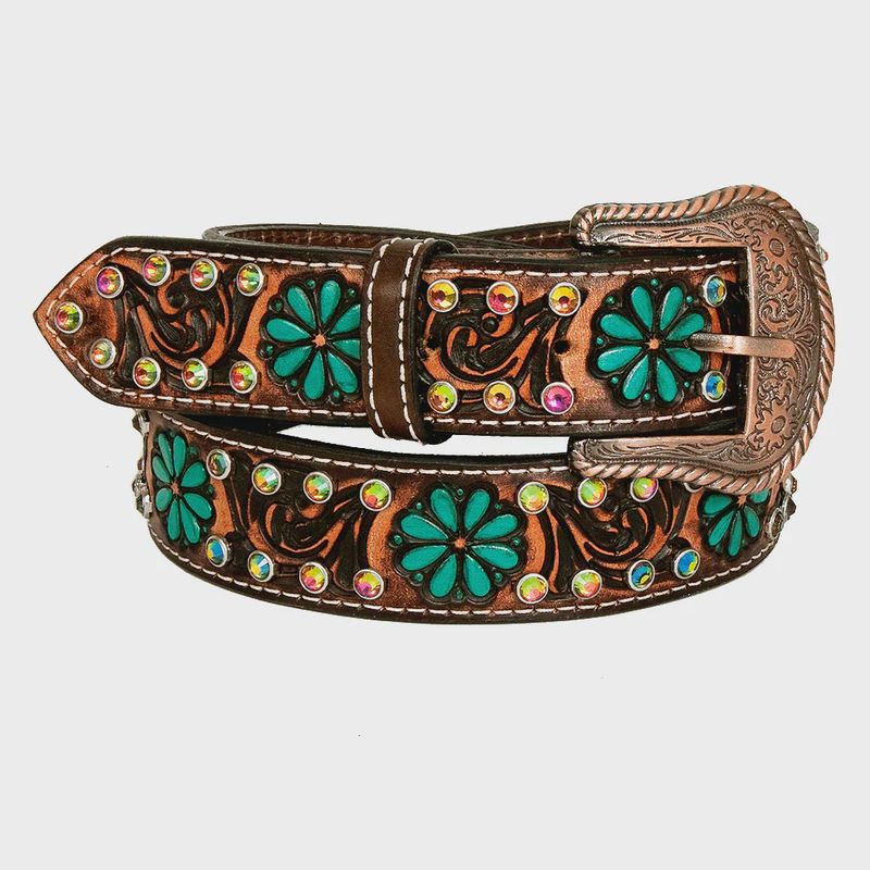Bar H Women's Hand Carved Western Leather Belt - Turquoise Flower Stamps &amp; Rhinestones