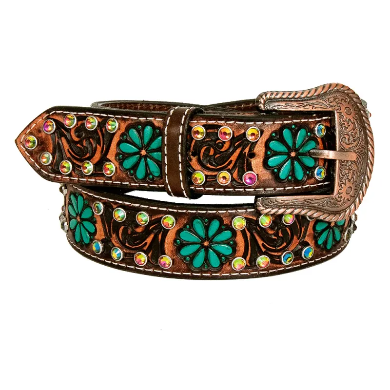 Bar H Women's Hand Carved Western Leather Belt - Turquoise Flower Stamps &amp; Rhinestones