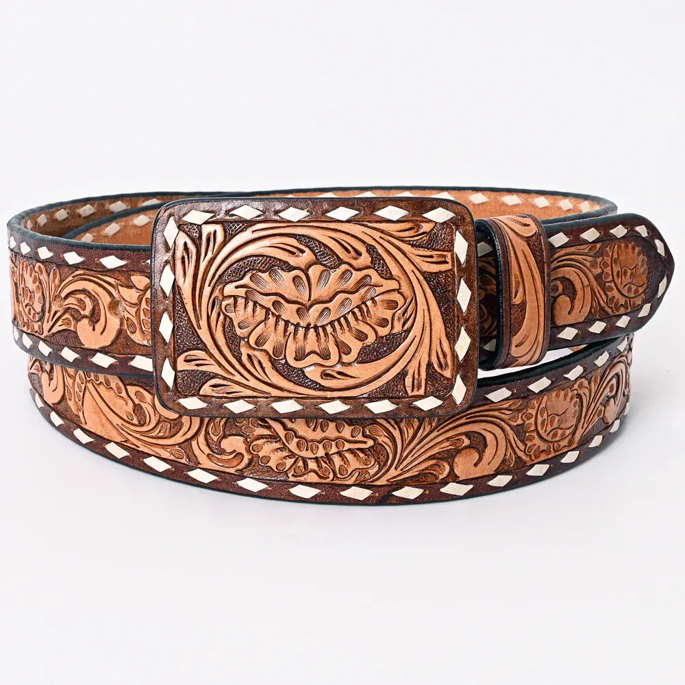 American Darling Tooled Leather Belt - Brown w/White Buckstitch Border, Size: S