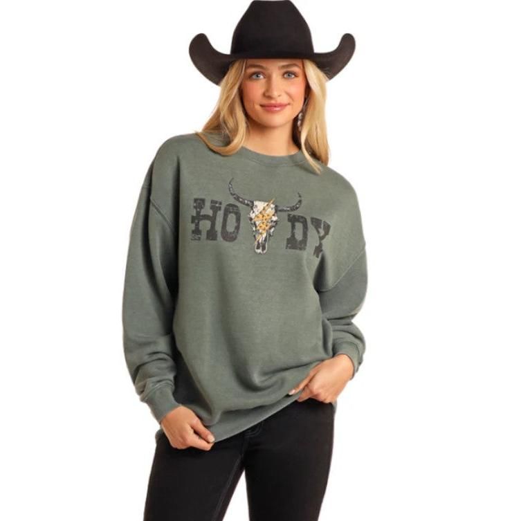 Rock &amp; Roll Women's Long Sleeve Oversized Pullover with Studs-Teal
