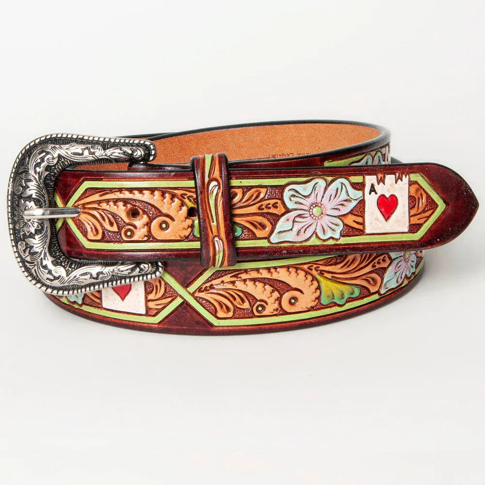 American Darling Tooled Leather Belt - Aces w/Green Border, Size: S