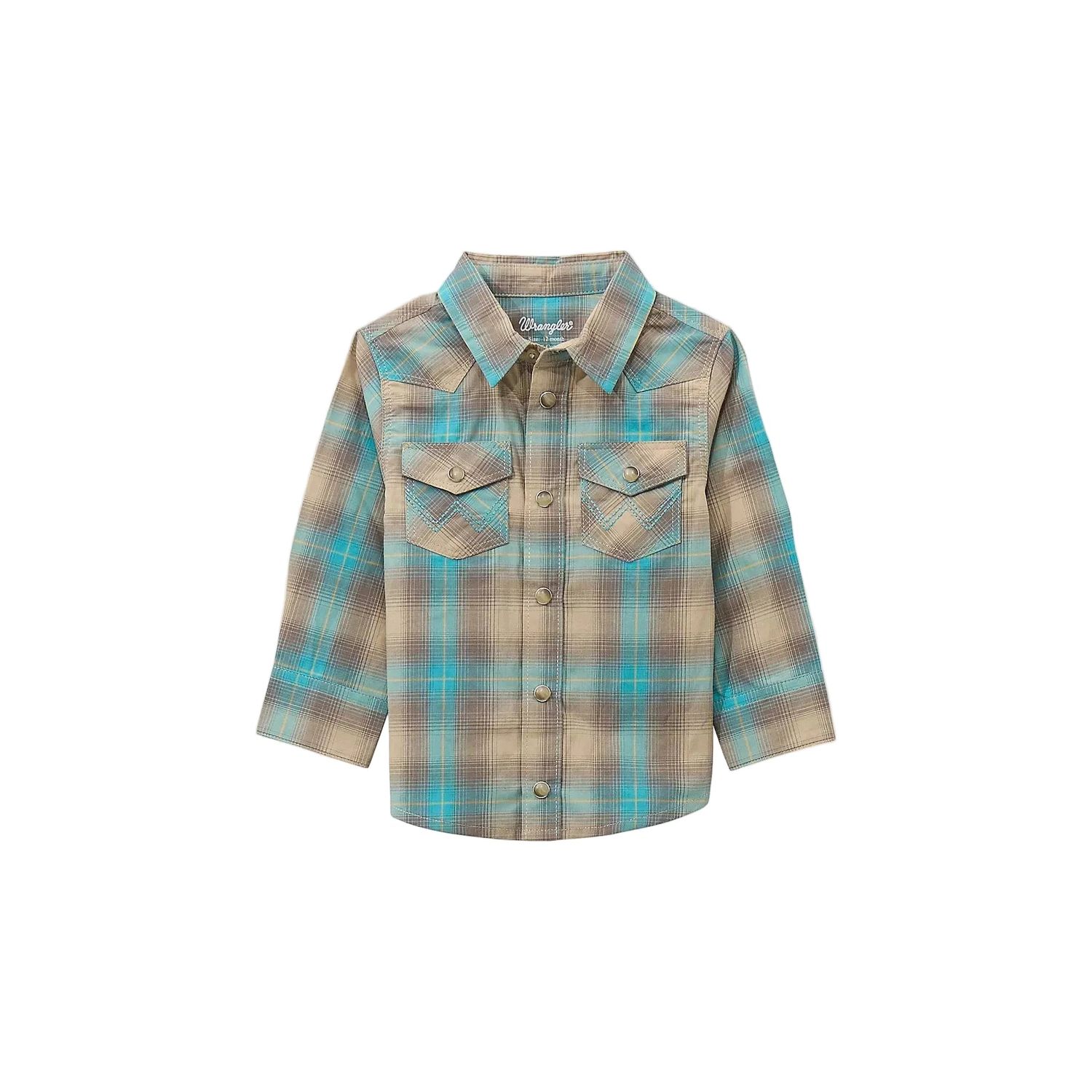 Wrangler Little Boys Long Sleeve Plaid Western Snap Shirt - Tan Aqua