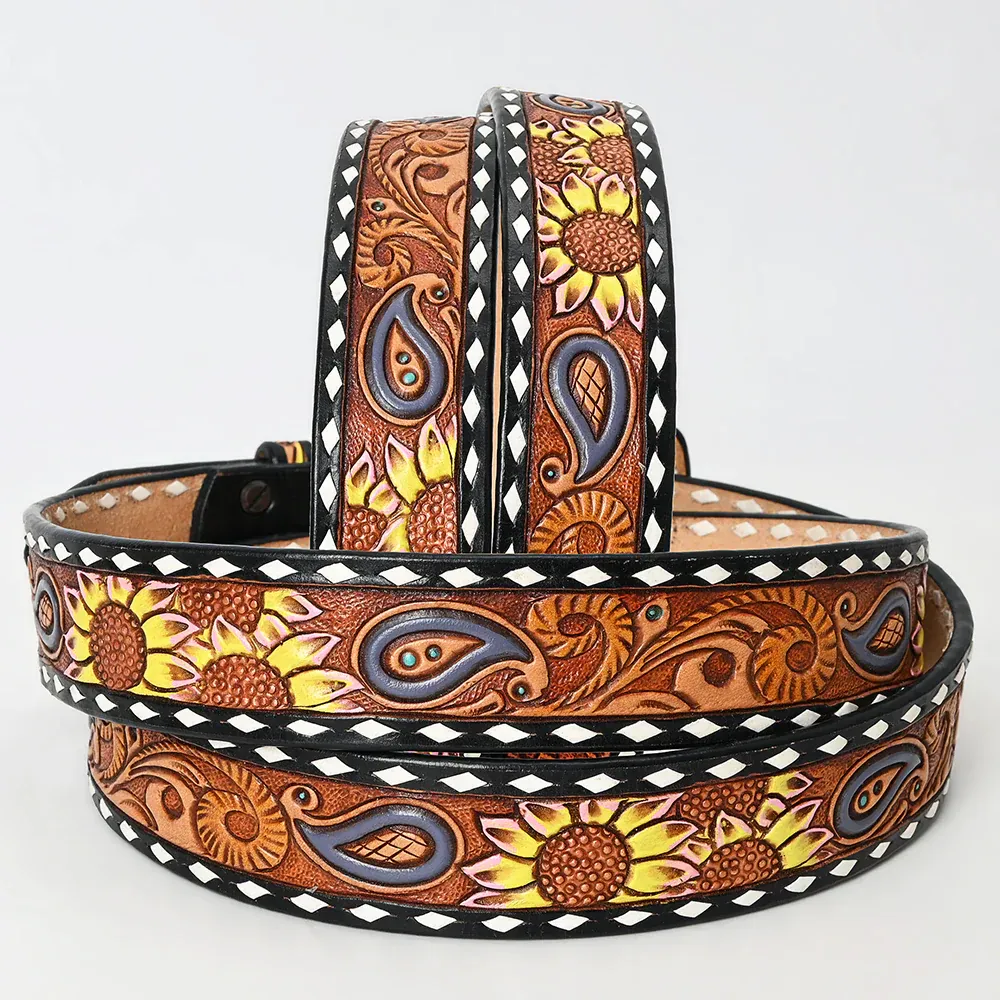 American Darling Tooled Leather Belt - Yellow Sunflower Design, Size: S
