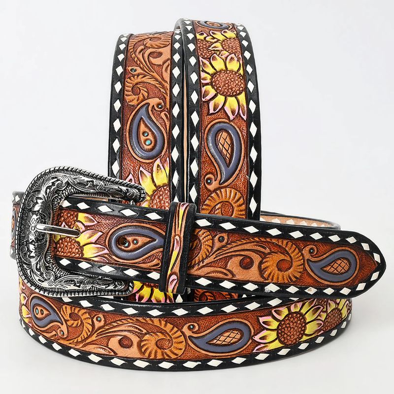 American Darling Tooled Leather Belt - Yellow Sunflower Design