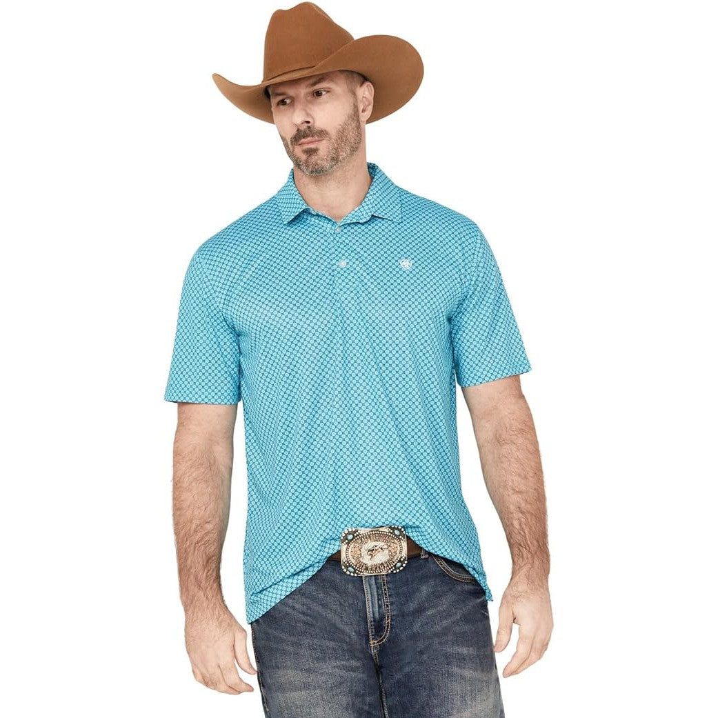 Ariat Men's All Over Print SS Polo Shirt Peacock Blue