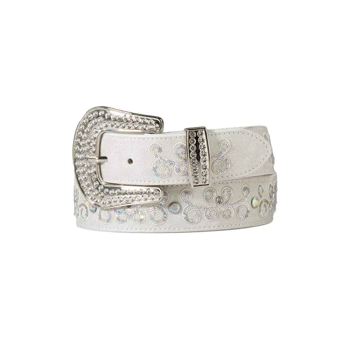 Angel Ranch Ladies Belt - White w/Embroidered Scrolling &amp; Rhinestones, Size: S