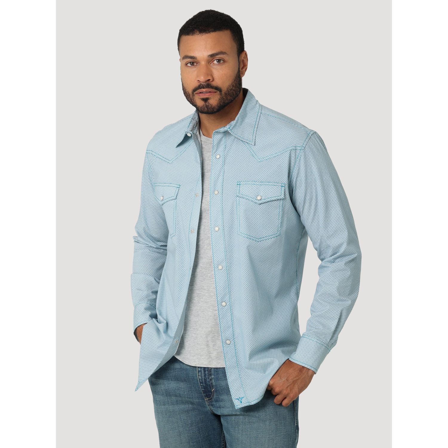 Wrangler Mens 20X Snap Print Shirt - Mod Blue