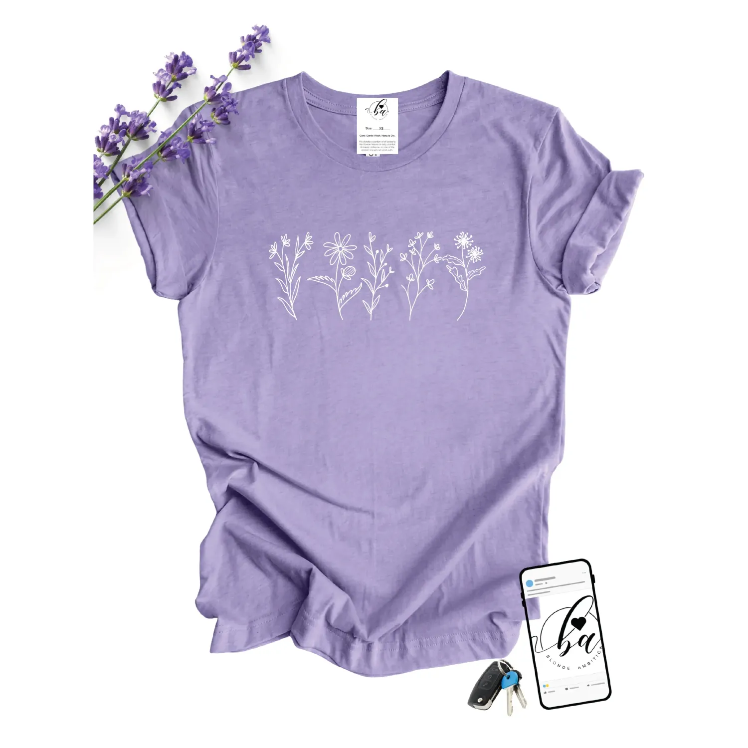 Blonde Ambition Women's Short Sleeve Wildflower Tee Shirt-Multiple Colours, Color: Heather Dark Lavender, Size: XS