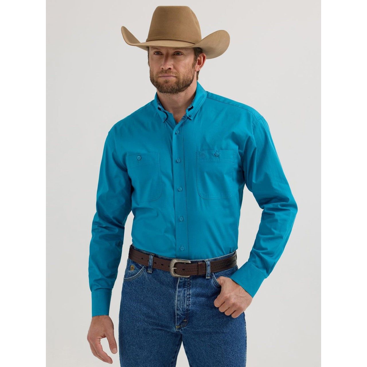 Wrangler Men's George Strait Long Sleeve 2 Pocket Shirt - Solid Teal