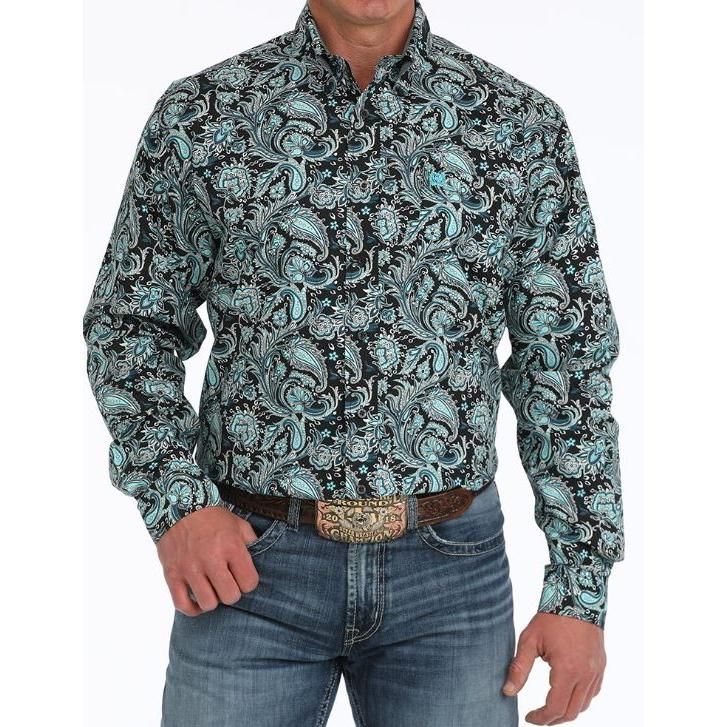 Cinch Men's Long Sleeve Paisley Print Button Down Western Shirt- Black