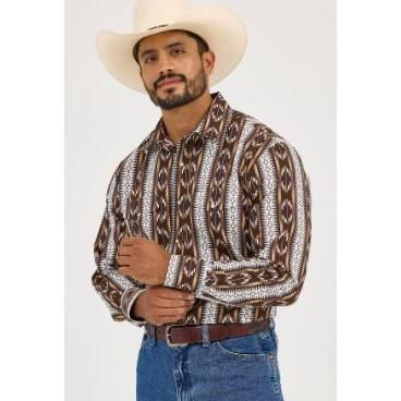 Wrangler Men's Checotah Western Long Sleeve Classic Fit Shirt- Brown