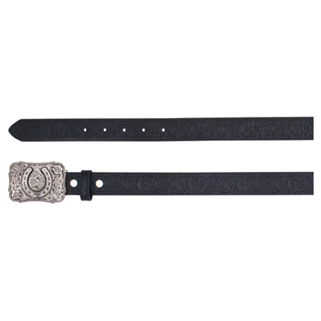 Catchfly Women's Rhinestone Horseshoe Buckle &amp; Floral Tooled Pattern Belt - Black