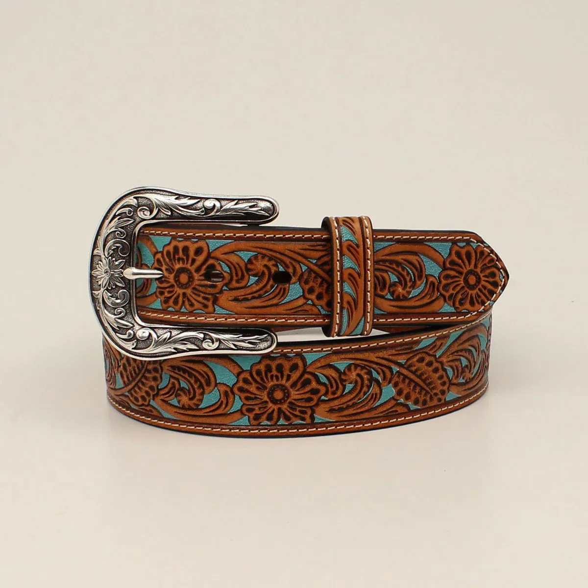 Ariat Women's Floral Inlay Belt - Tan/Turquoise, Size: S