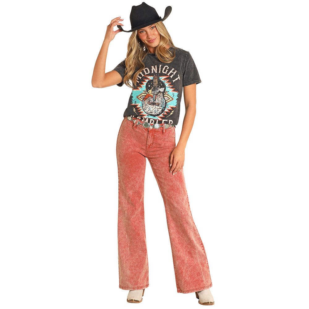 Rock &amp; Roll Women's Button Wide Leg Jean- Rust