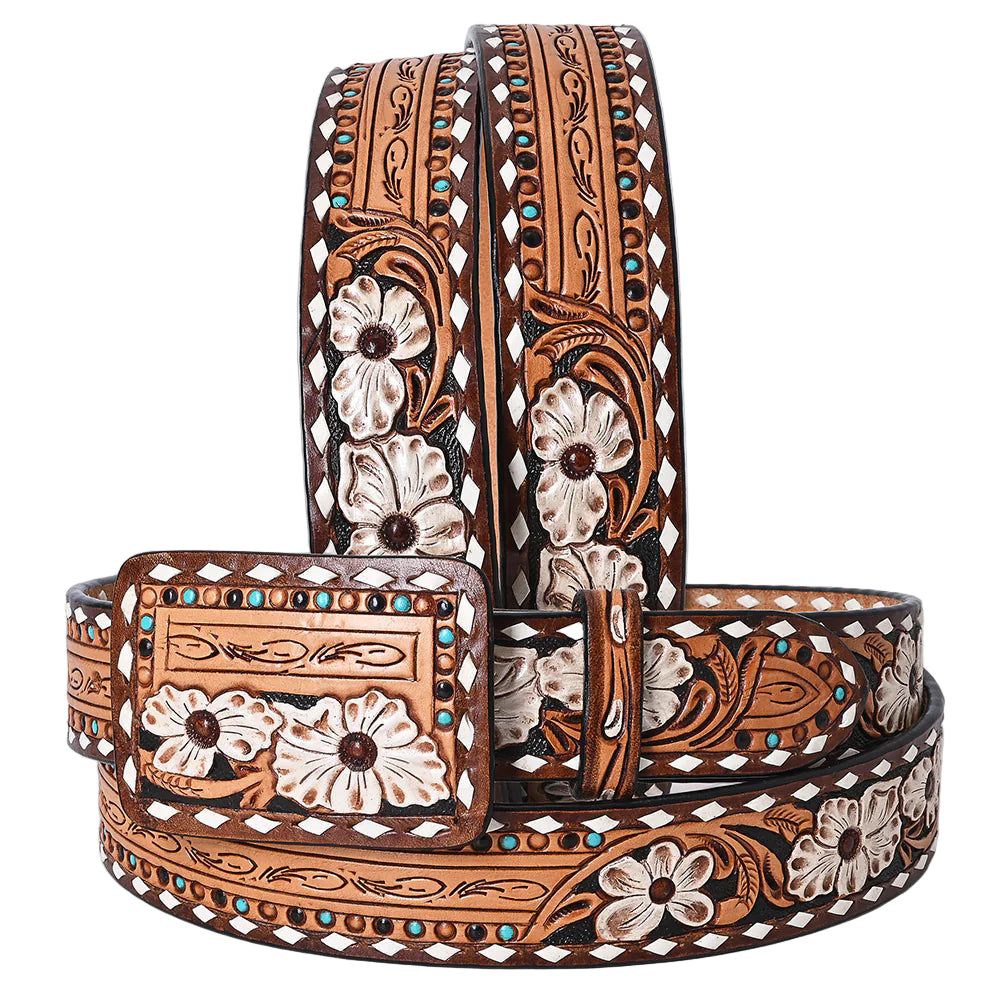 American Darling Hand Tooled Leather Western Belt - White Floral with Turquoise Studs - Tan