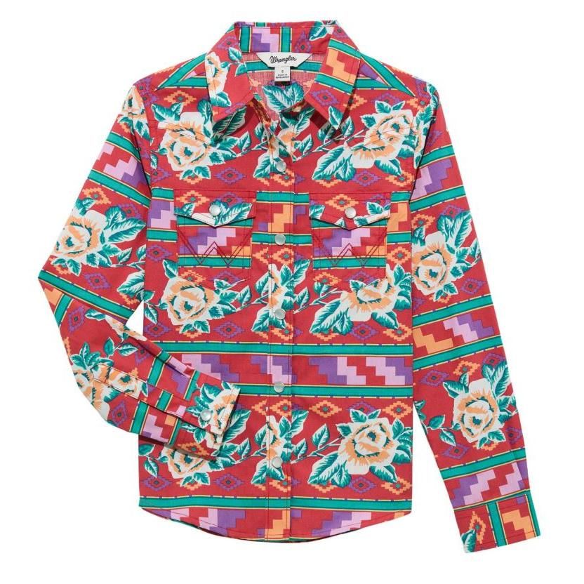 Wrangler Girls Long Sleeve Western Snap Shirt- Multi