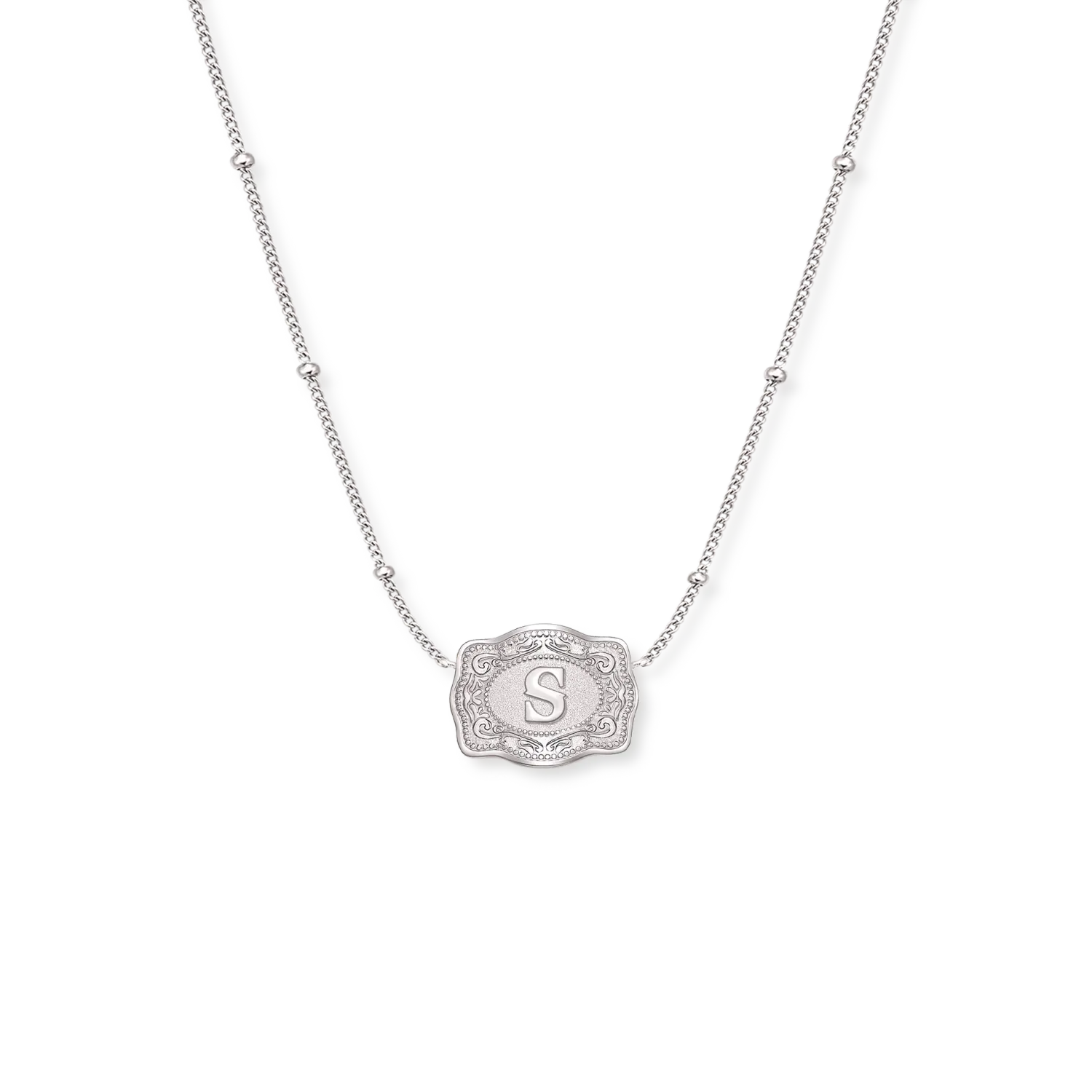 Spur West Mini Beltt Buckle Initial Necklace- Silver, Letter: S