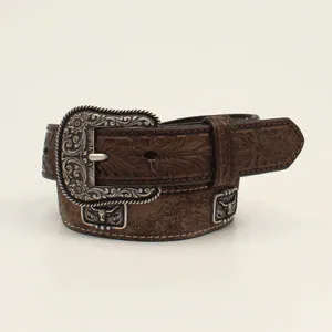 Ariat Boy's Leather Floral Tooling Longhorn Concho Belt - Brown, Size: 20