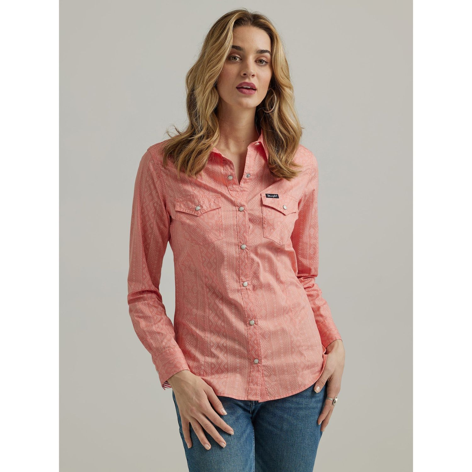 Wrangler Women's Long Sleeve Aztec Print Snap Shirt - Coral