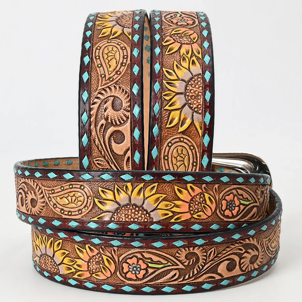 American Darling Tooled Leather Belt - Yellow Sunflowers Teal Edge, Size: S