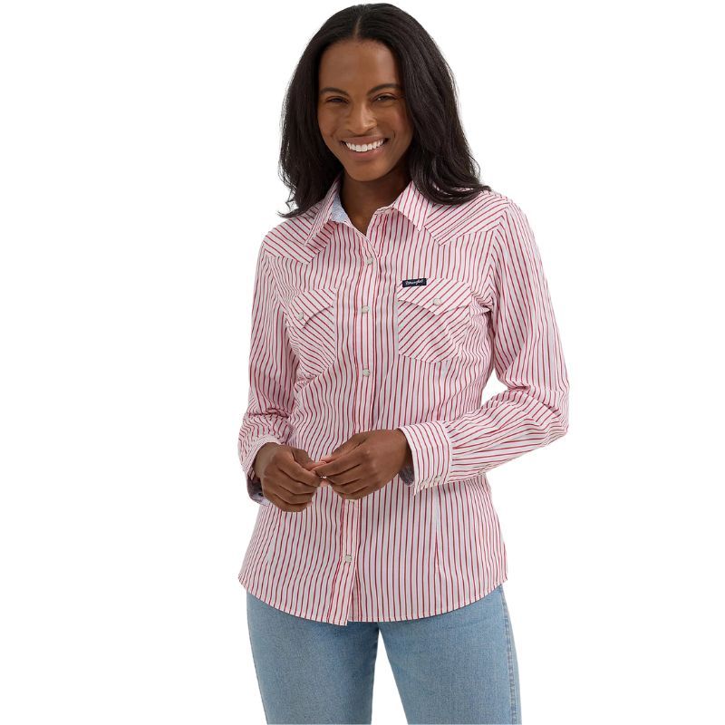 Wrangler Women's West Striped Long Sleeve Slim Western Shirt- Red