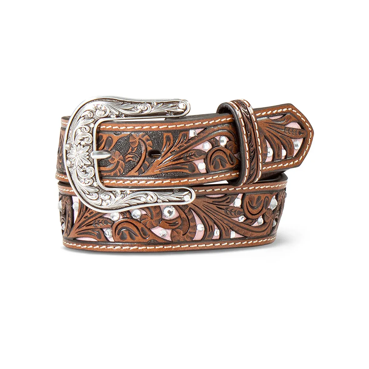 Ariat Girl's Scroll Filigree Crystal Underlay Belt - Pink, Size: 20