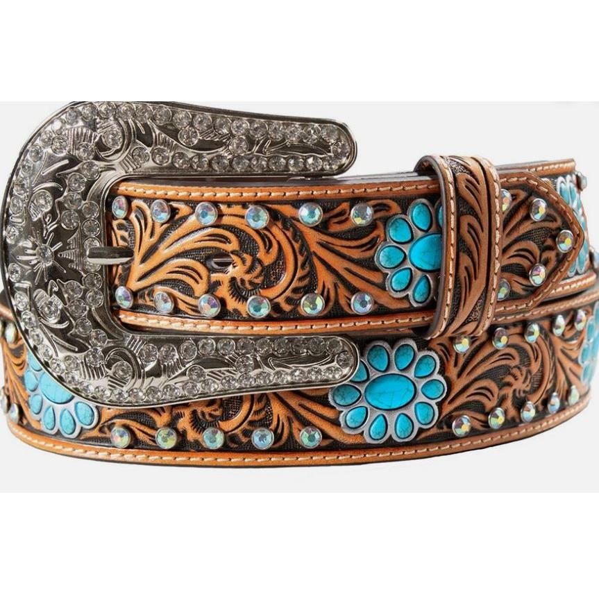 Angel Ranch Women's Leather Floral Concho Embossed Belt
