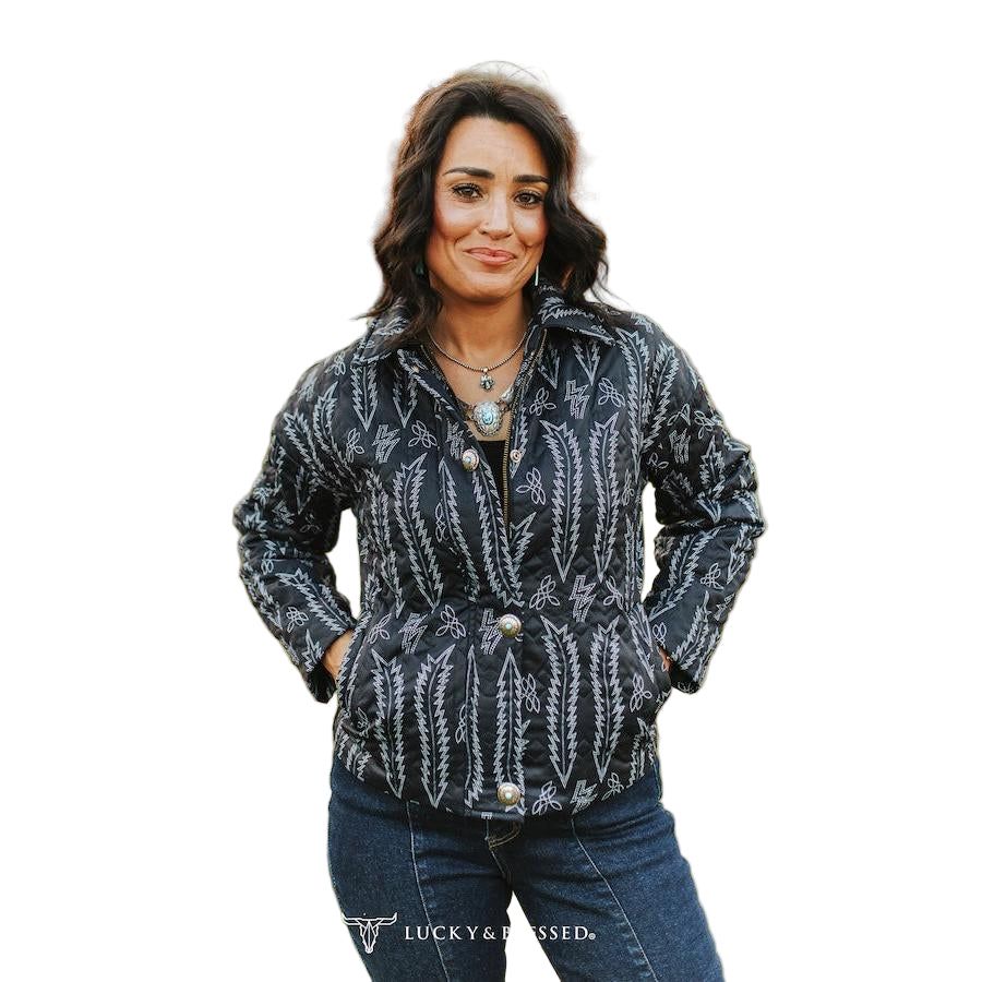 Lucky &amp; Blessed Women's Bootstitch Printed Quilted Jacket- Black