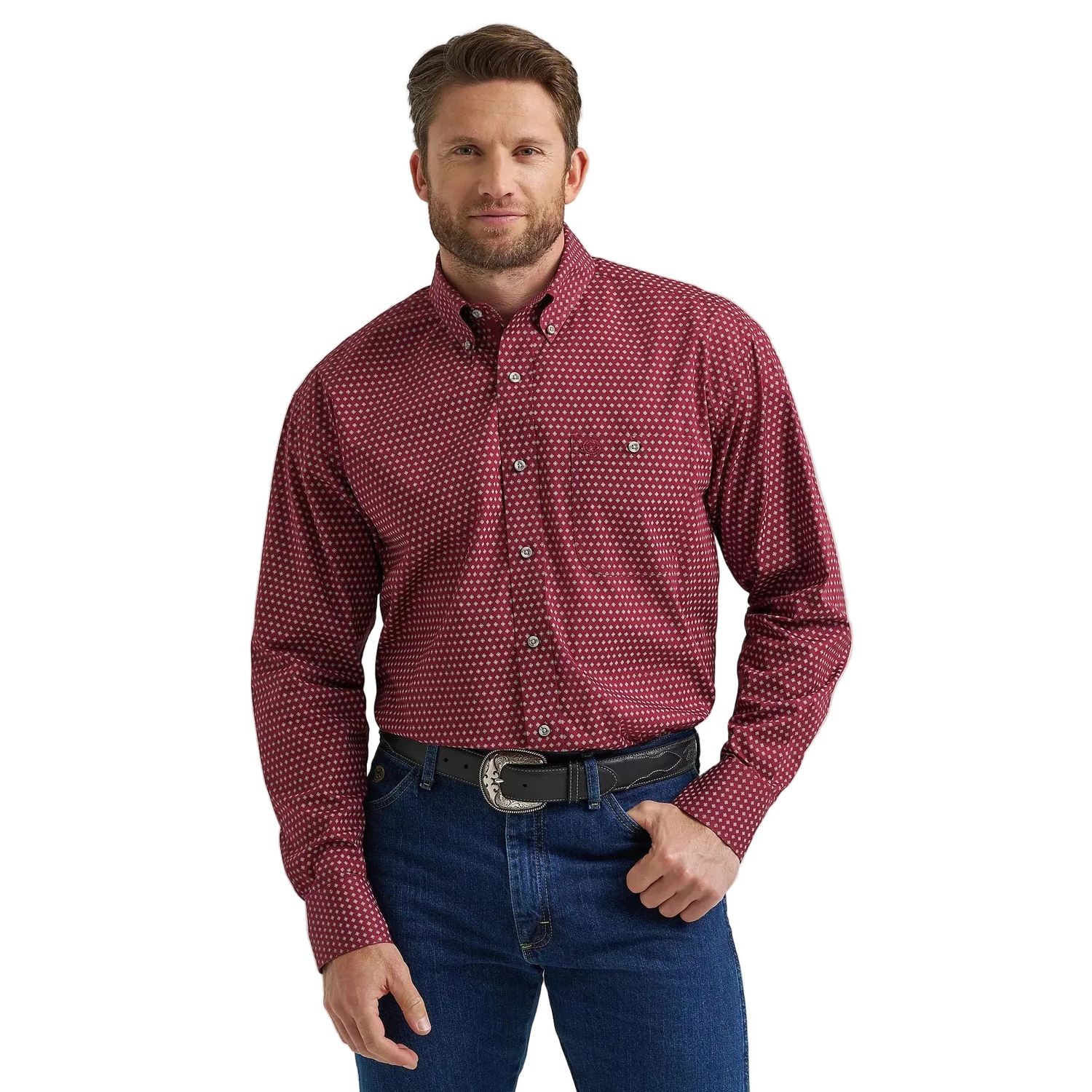 Wrangler Men's George Strait Long Sleeve One Pocket Button Down Shirt - Burgundy Dot