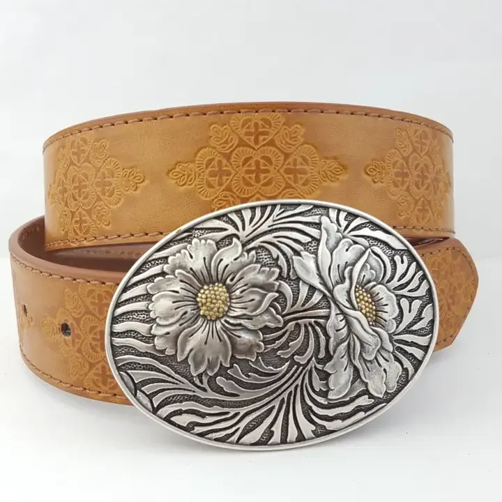 Axesoria West Women's Western Sunflower Buckle with Vintage Floral Tooled Belt-Tan