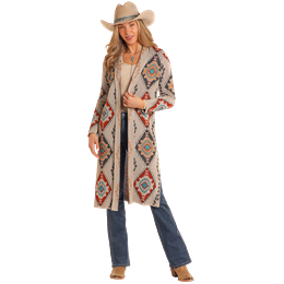 Rock &amp; Roll Women's Long Sleeve Aztec Duster- Eggshell