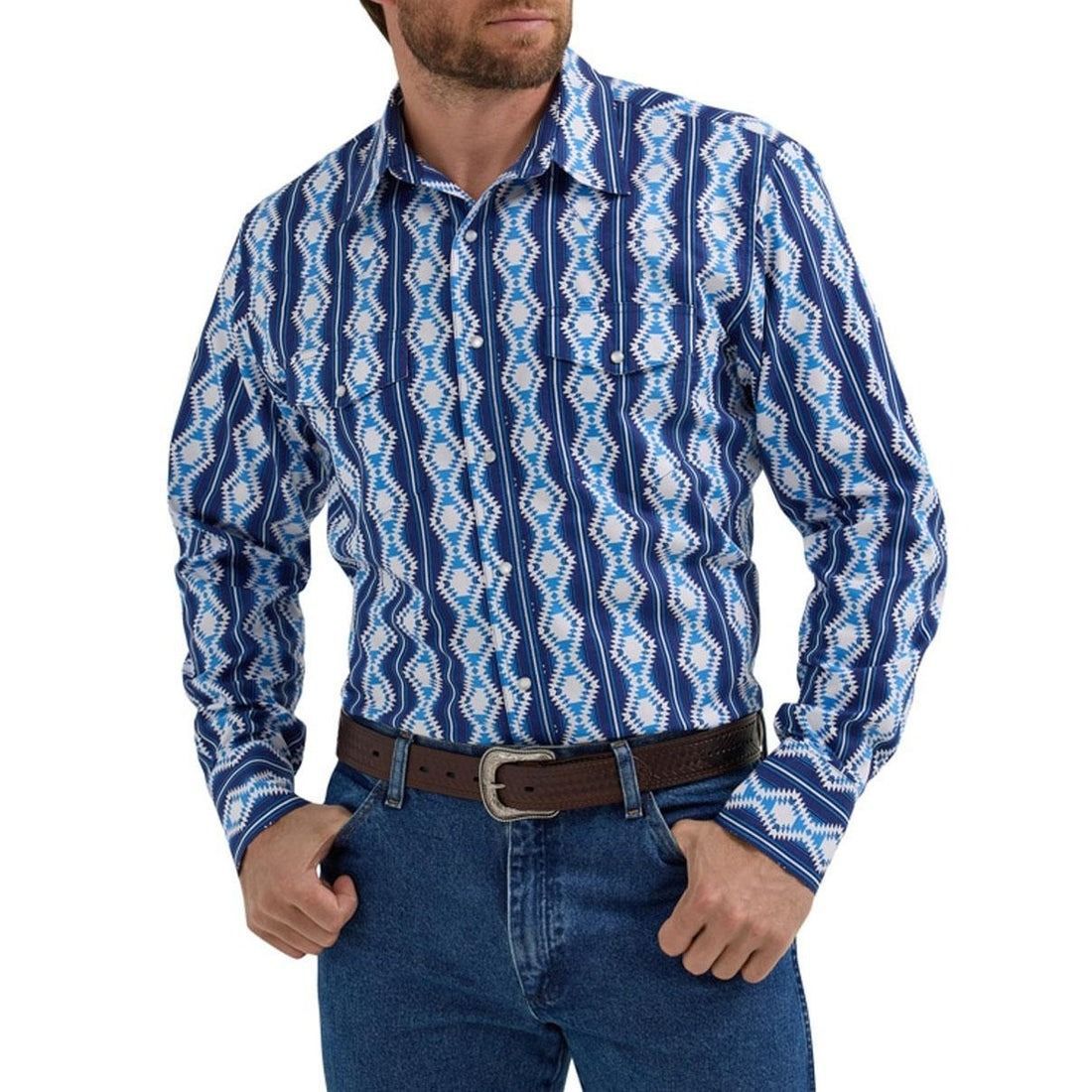 Wrangler Men's Checotah Long Sleeve Western Snap Printed Shirt - Blue/White