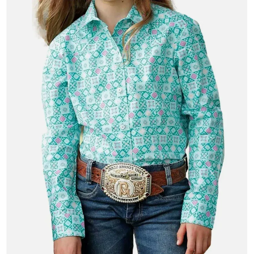 Cinch Girl's Long Sleeve Western Shirt - Turquoise &amp; Pink, Size: XS