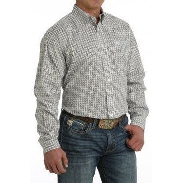 Cinch Men's Long Sleeve Geometric Print Shirt - White