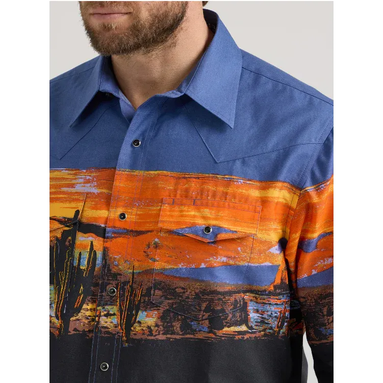 Wrangler Checotah® Men's Classic Fit Dress Western Long Sleeve Shirt - Blue/Orange/Black Desert Border, Size: S