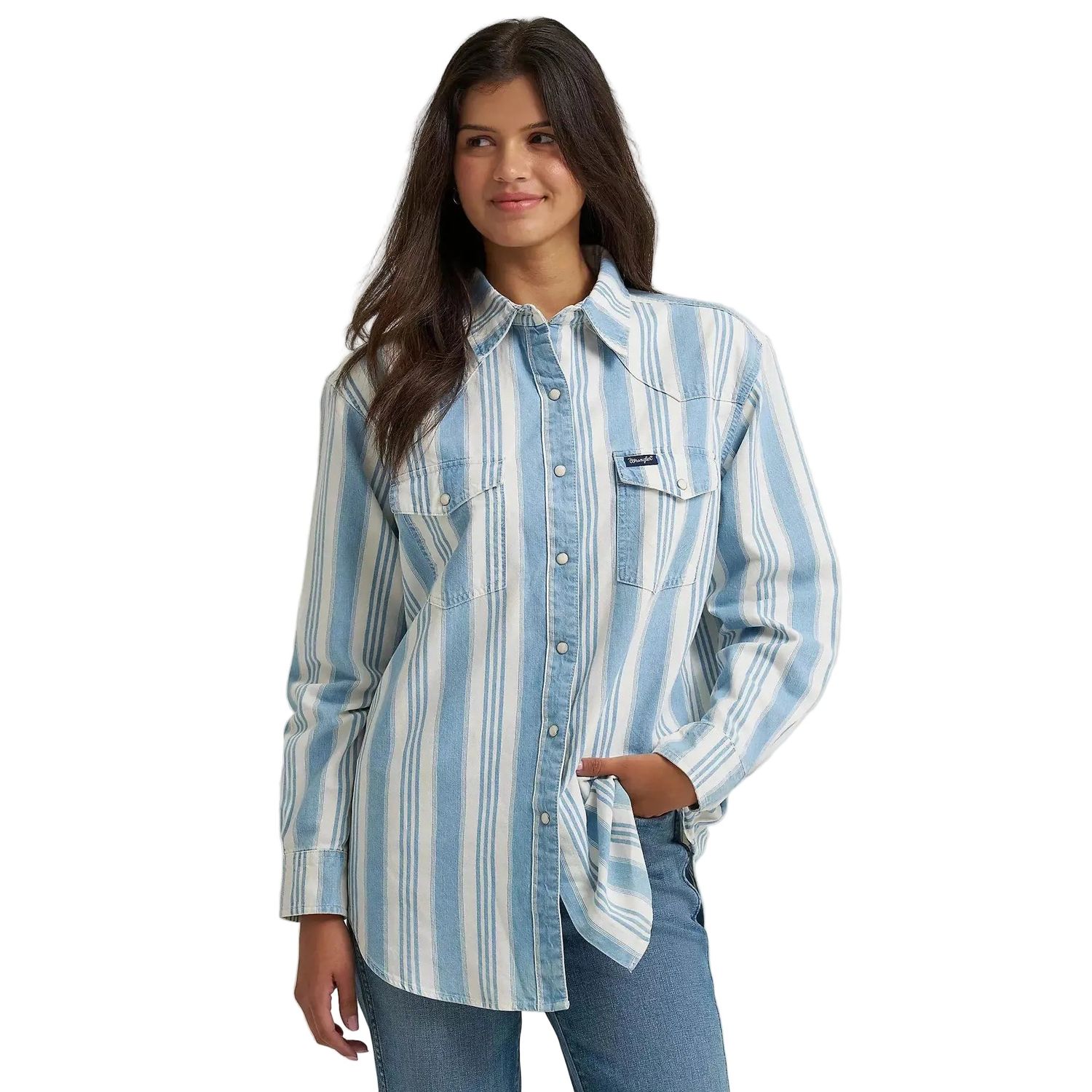 Wrangler Women's Brushpopper Boyfriend Western Stripe Long Sleeve Shirt - Pale Blue