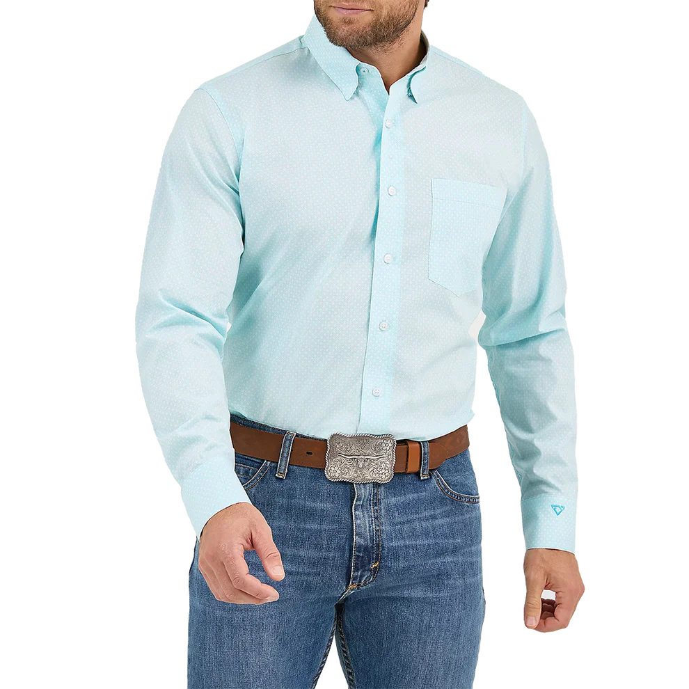 Wrangler Men's Cody Johnson Long Sleeve Classic Fit Shirt - Aqua/White