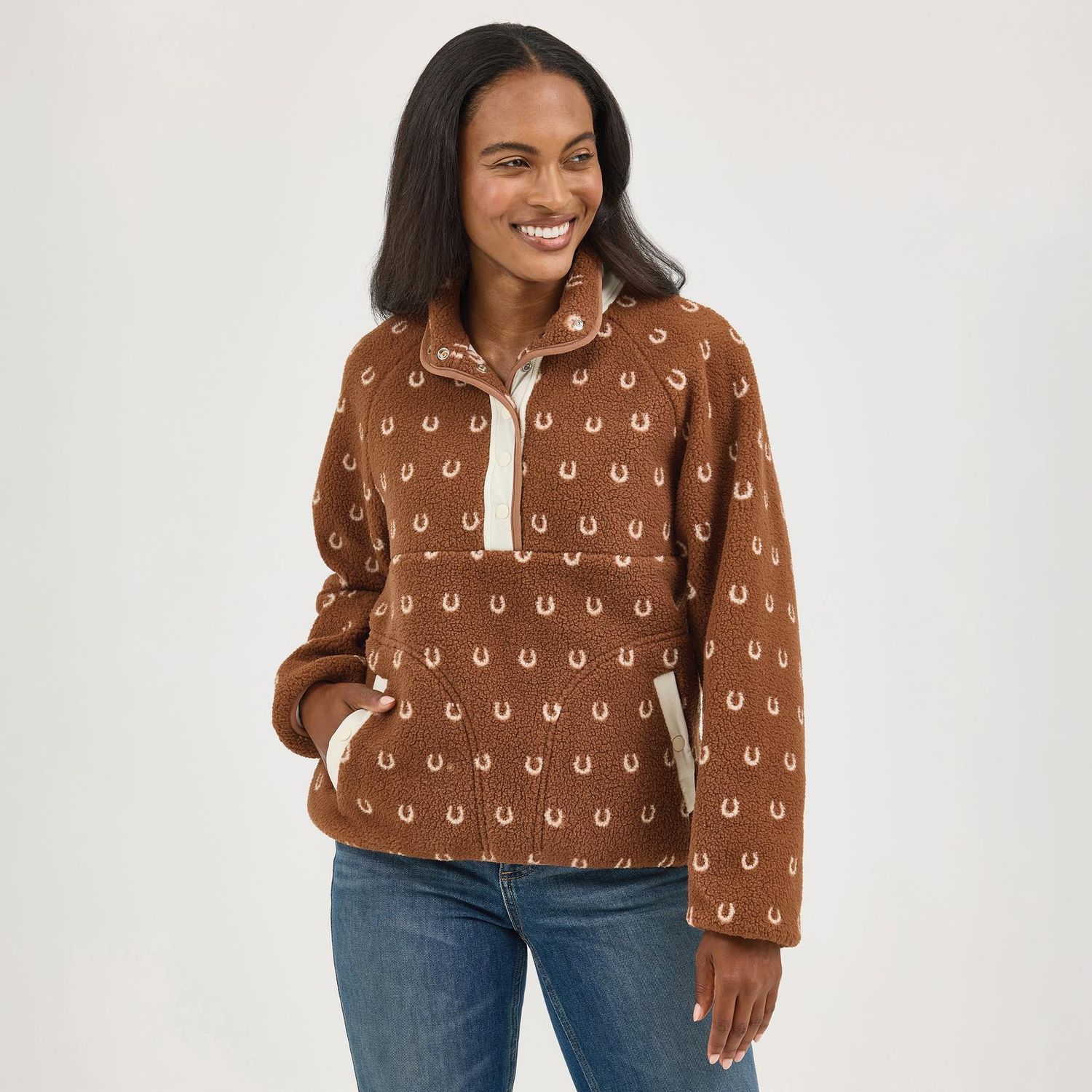 Wrangler Women's Long Sleeve Sherpa Snap Pullover-Brown