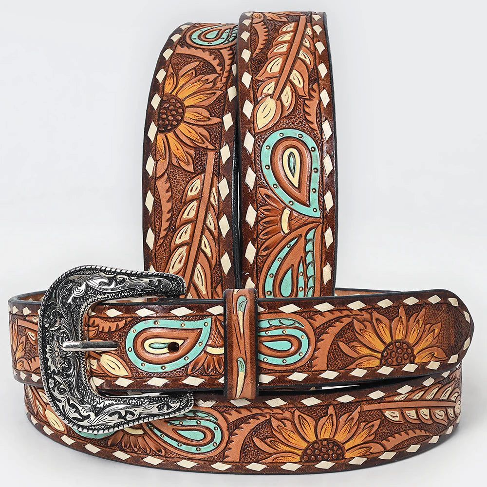 American Darling Unisex Sunflower &amp; Paisley Accent Tooled Western Belt - Brown/Turquoise