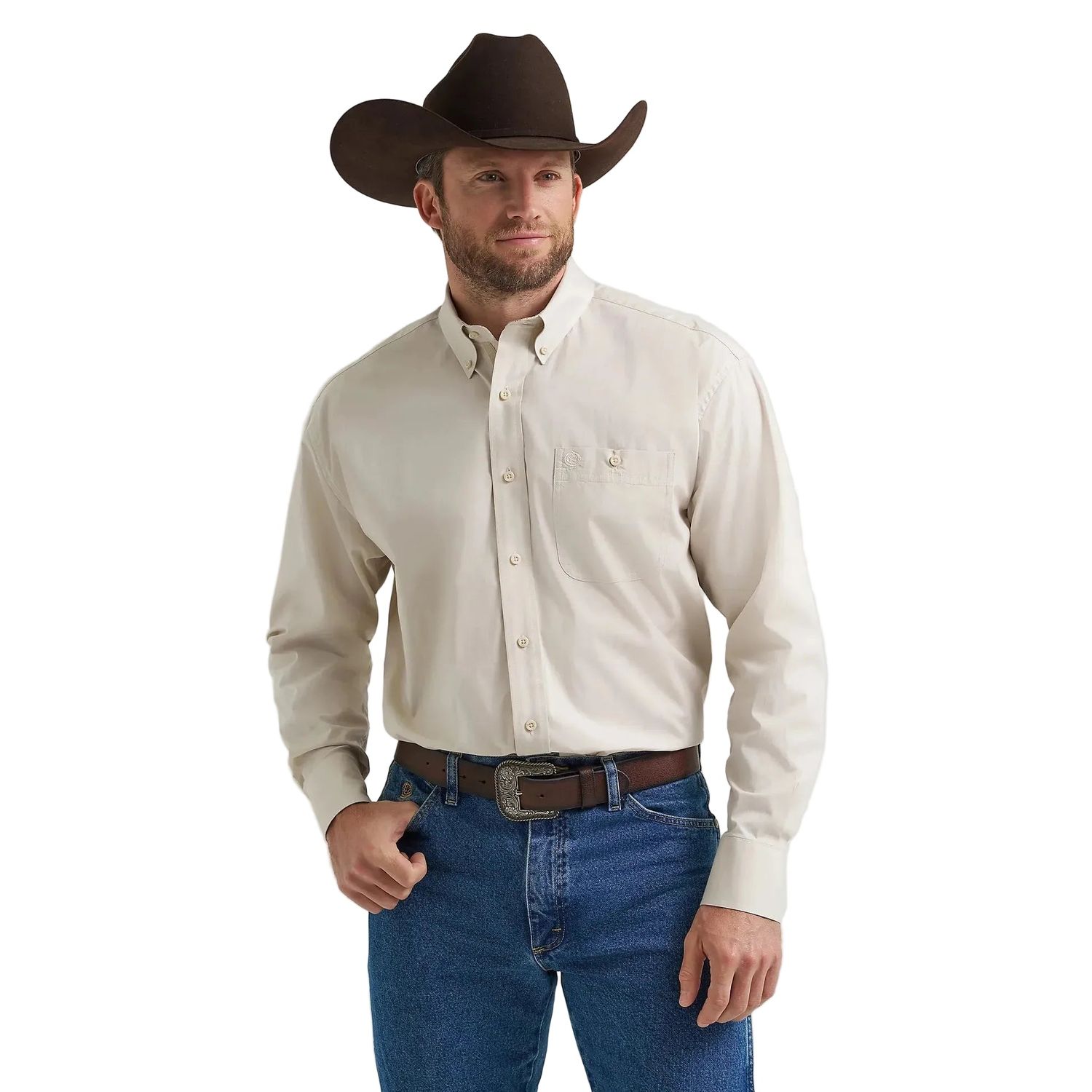 Wrangler Men's George Strait Long Sleeve One Pocket Button Down Shirt - Pale Stone