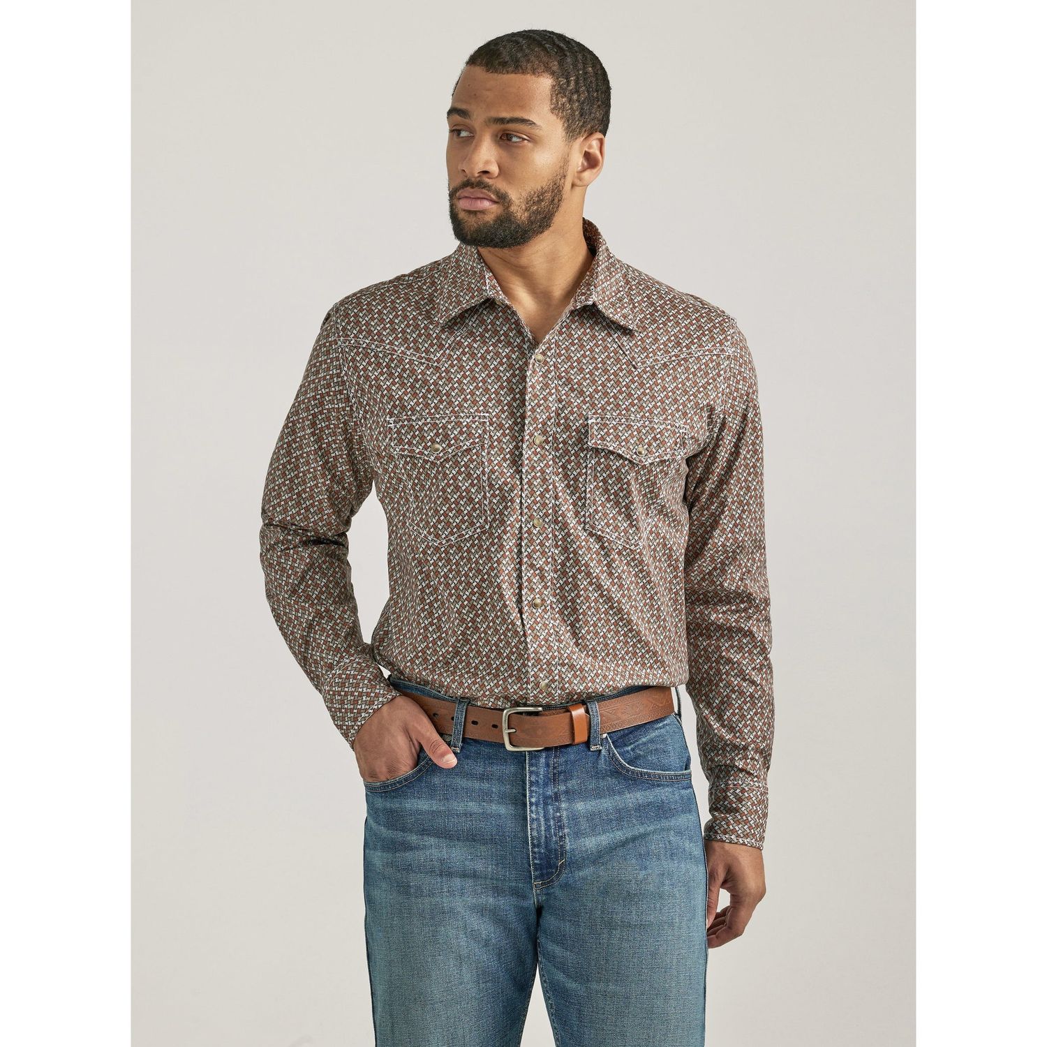 Wrangler Men's 20X Competition Advanced Comfort Long Sleeve Classic Fit Shirt - Red/Brown