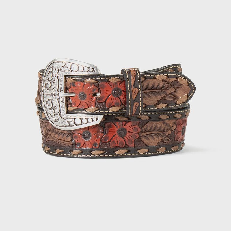 Ariat Women's Leather Tapered Floral Hibiscus Belt - Brown/Black
