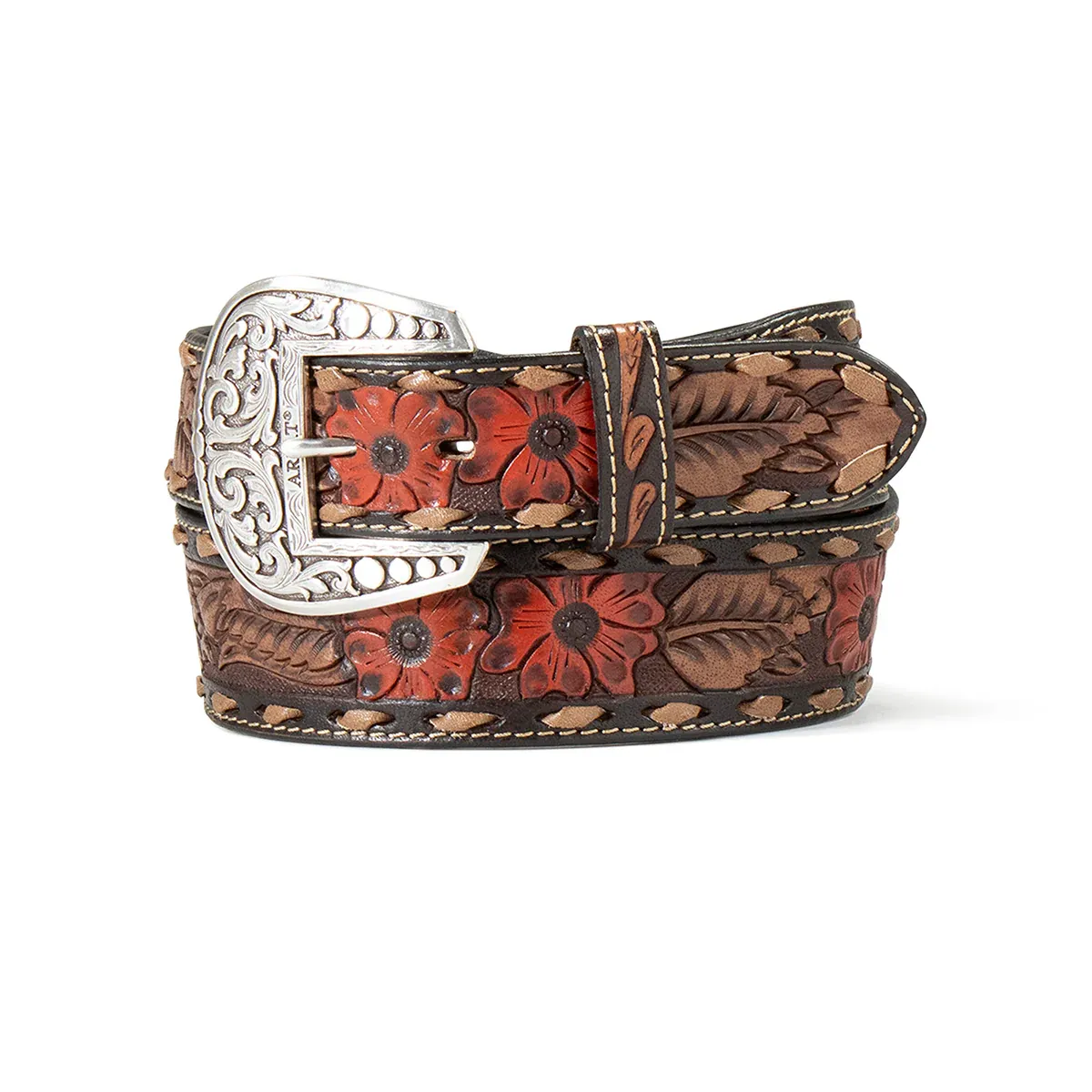 Ariat Women's Leather Tapered Floral Hibiscus Belt - Brown/Black, Size: S