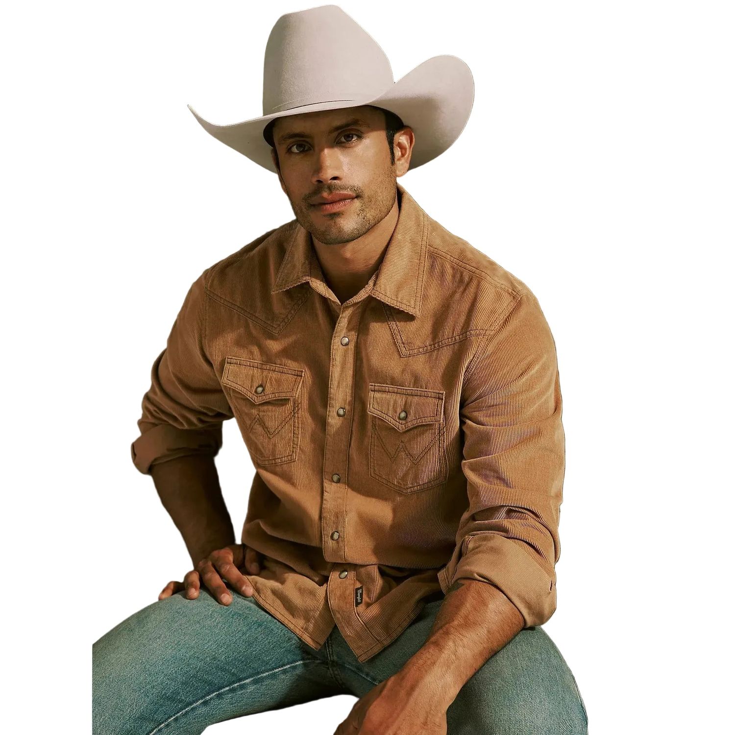 Wrangler Men's Long Sleeve Retro Premium Western Snap Corduroy Shirt - Sandy Brown