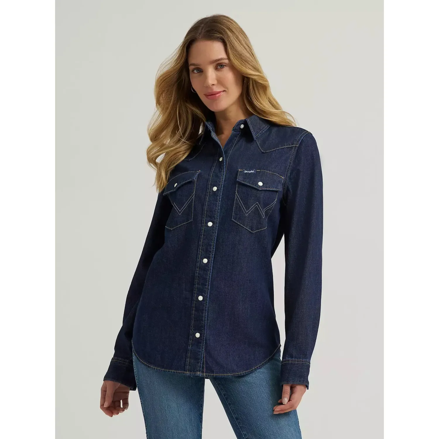 Wrangler Women's Vintage-Fit Denim Western Long Sleeve Snap Shirt - Multiple Colours, Colour: Dark Denim, Size: 3XL