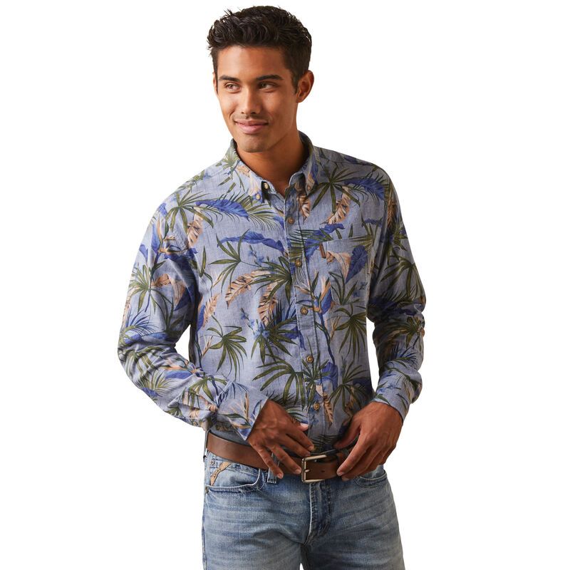 Ariat Mens Wrinkle Resist Paradise Palm Stretch Modern Fit Shirt - Chambray Blue
