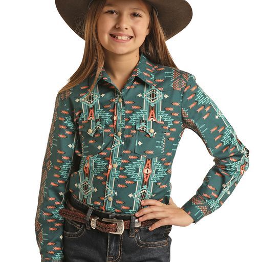 Rock &amp; Roll Girl's Cowgirls Long Sleeve Tee Shirt - Turquoise