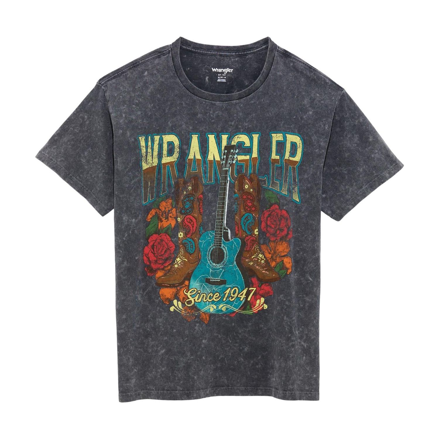 Wrangler Women's Retro Graphic Guitar Boots Short Sleeve Oversized Tee Shirt-Black Beauty