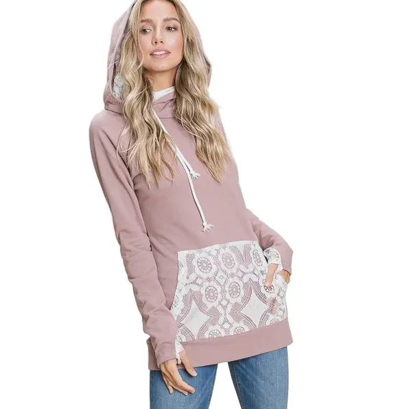 Vanilla Bay Solid Knit &amp; Lace Hoodie, Colour: MAUVE, Size: S